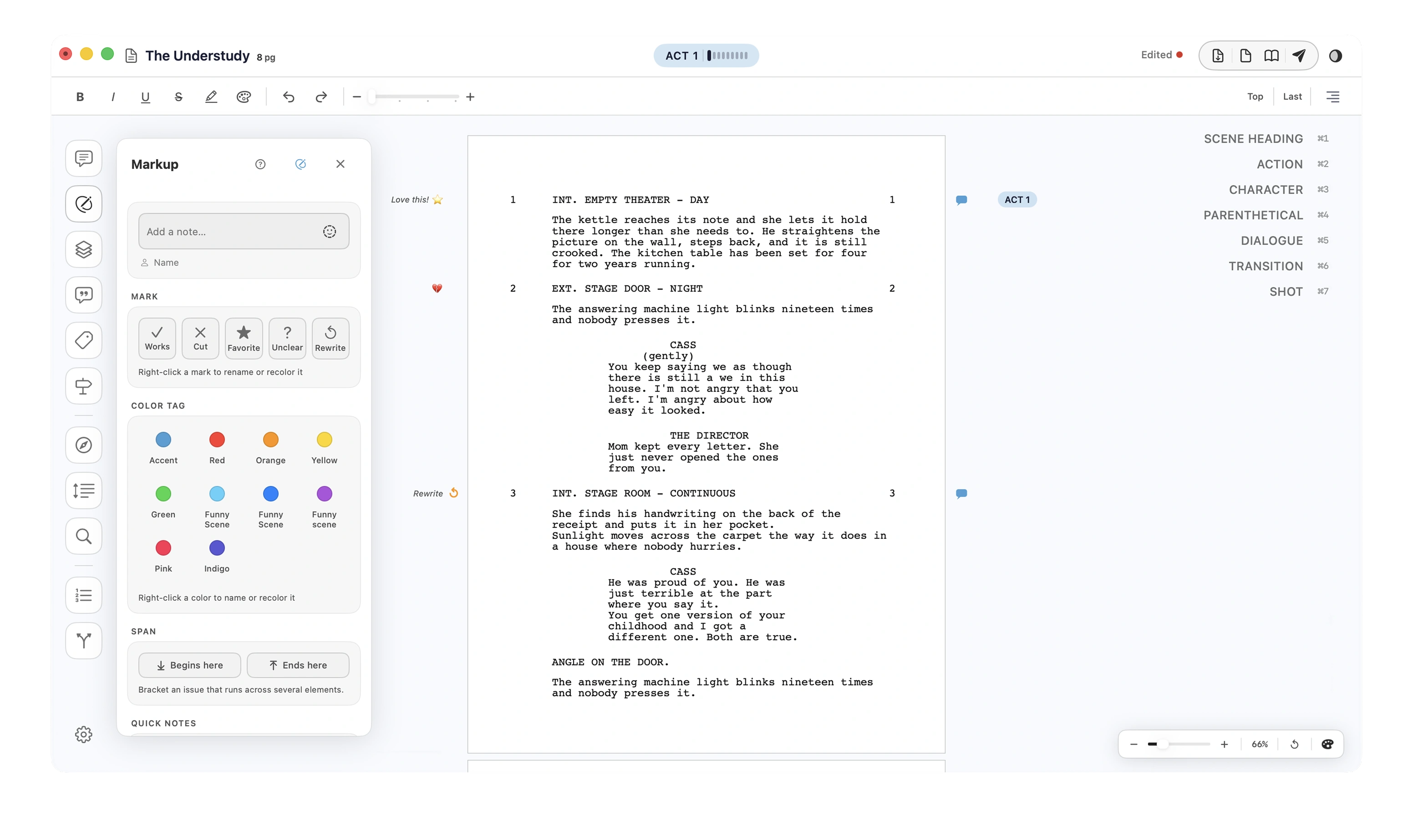 The Screencore editor: a formatted screenplay page with the Markup panel open at the left, a column of panel buttons down the far left, and element type shortcuts down the right.