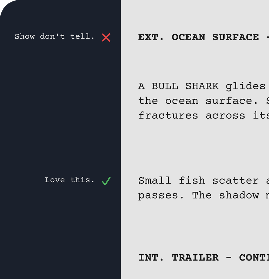 Markup notes in the left gutter beside a screenplay page: 'Show don't tell.' marked with a red X and 'Love this.' marked with a green check.