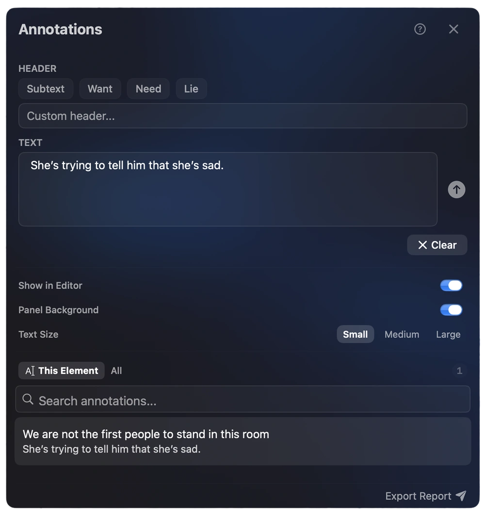 The Annotations panel in Screencore.