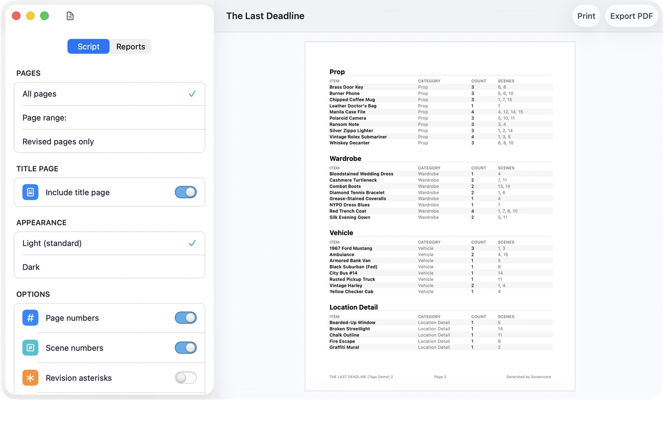 The Screencore exporter: Script and Reports tabs on the left with page, title page, appearance and option controls, and a live preview of a tag report on the right showing props, wardrobe, vehicles and location details with scene counts.