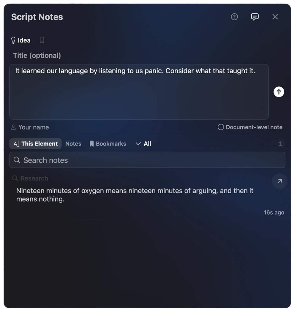 The Script Notes panel in Screencore.