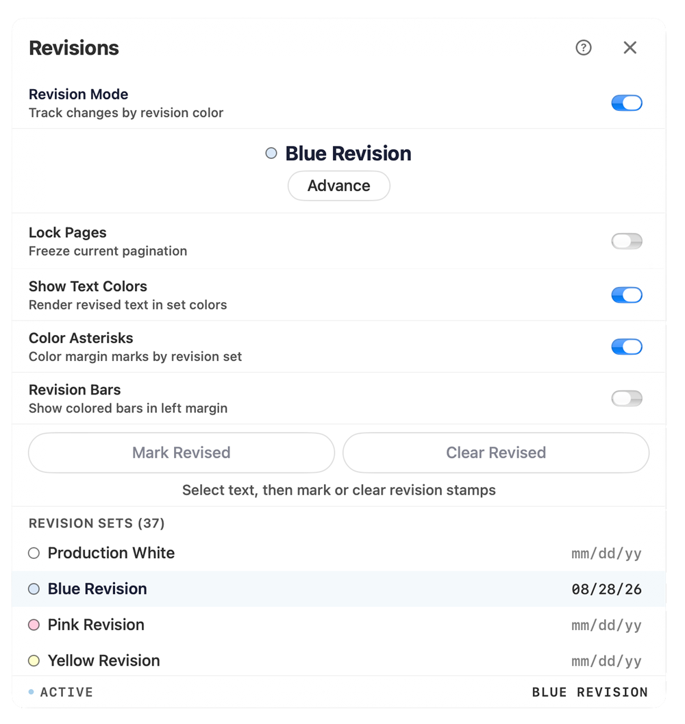 The Revisions panel: revision mode on, the active Blue Revision set, toggles for text colors, coloured asterisks and revision bars, and a list of revision sets in studio order.