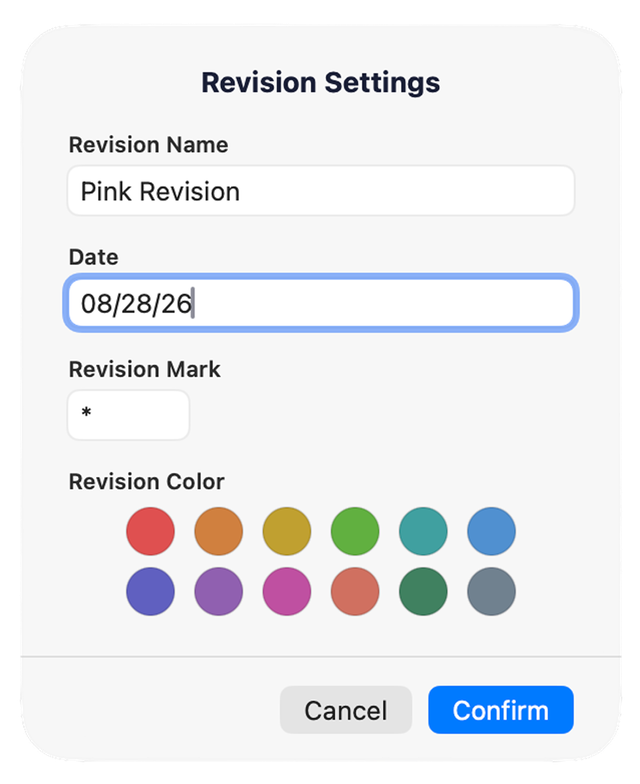 The Revision Settings dialog: revision name, date, revision mark, and a palette of revision colours.