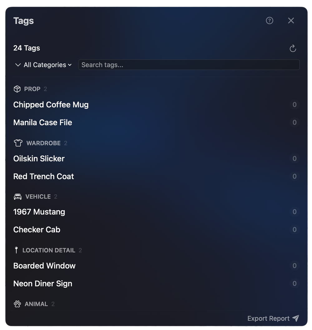 The Tags panel in Screencore.