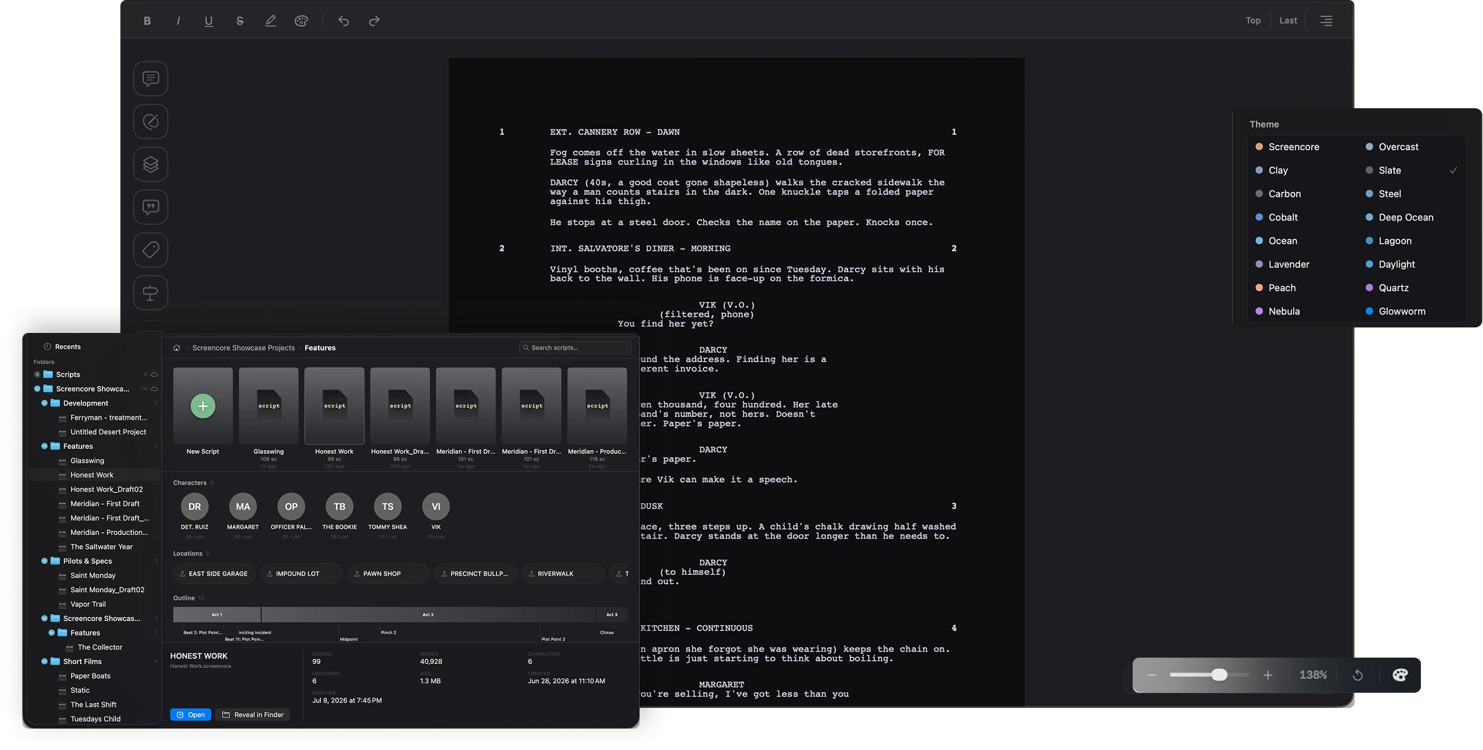 The Screencore Theme menu open over a dark editor, listing Screencore, Overcast, Clay, Slate, Carbon, Steel, Cobalt, Deep Ocean, Ocean, Lagoon, Lavender, Daylight, Peach, Quartz, Nebula and Glowworm, each with its own colour dot.