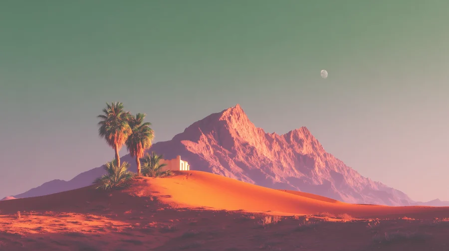 A desert dune at dusk under a low moon.