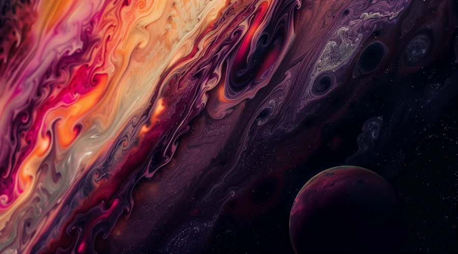 A marbled planet, deep pinks into black.